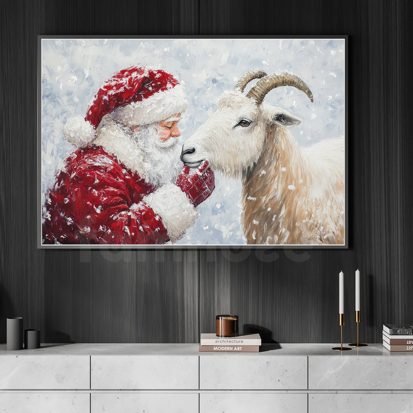 Christmas Goat Canvas Painting, Rustic Santa And Goat Wall Art Decor, Xmas Poster Gift For Goat Lovers