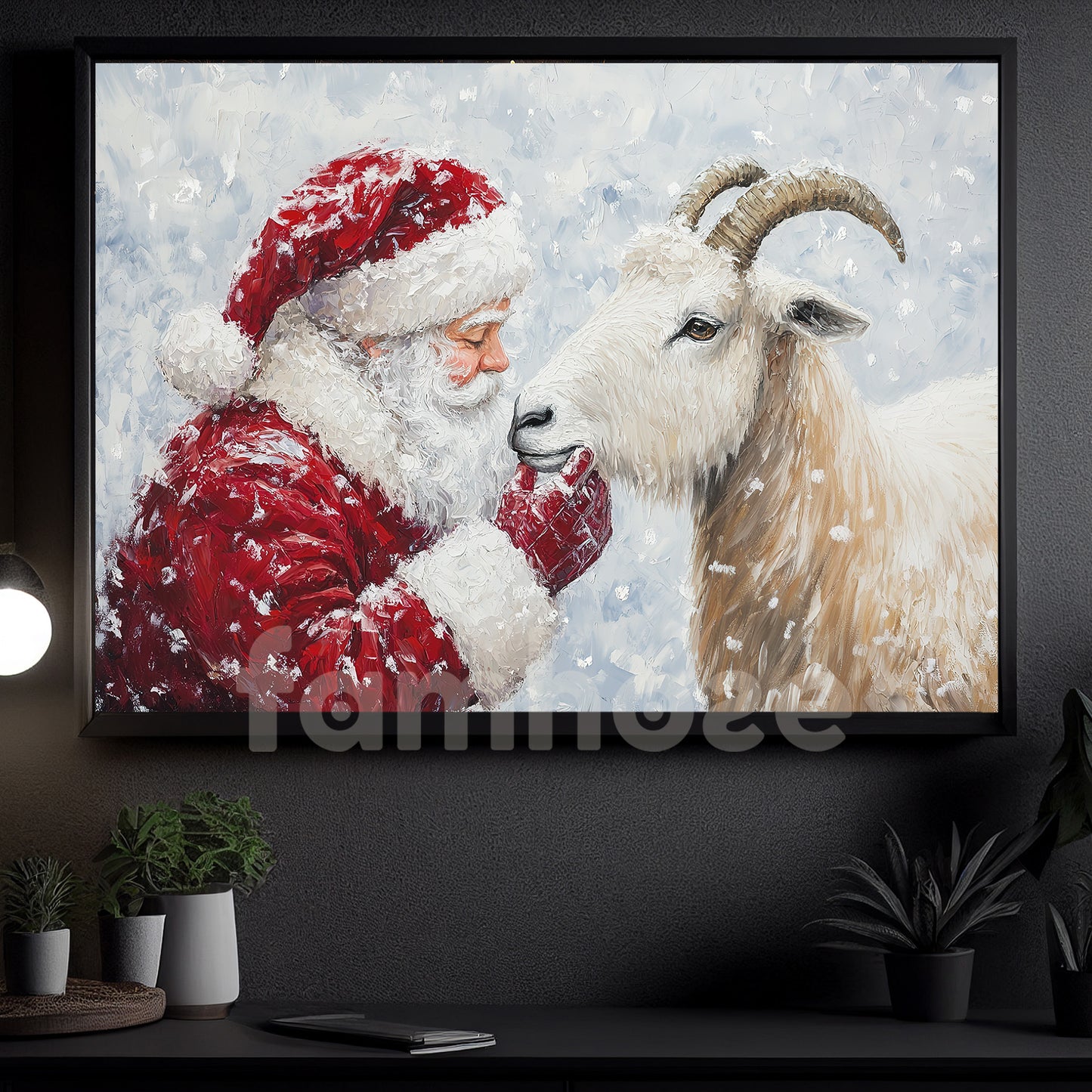 Christmas Goat Canvas Painting, Rustic Santa And Goat Wall Art Decor, Xmas Poster Gift For Goat Lovers