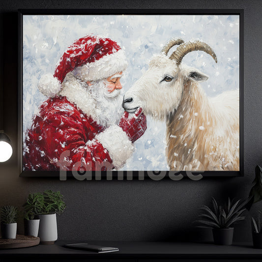 Christmas Goat Canvas Painting, Rustic Santa And Goat Wall Art Decor, Xmas Poster Gift For Goat Lovers