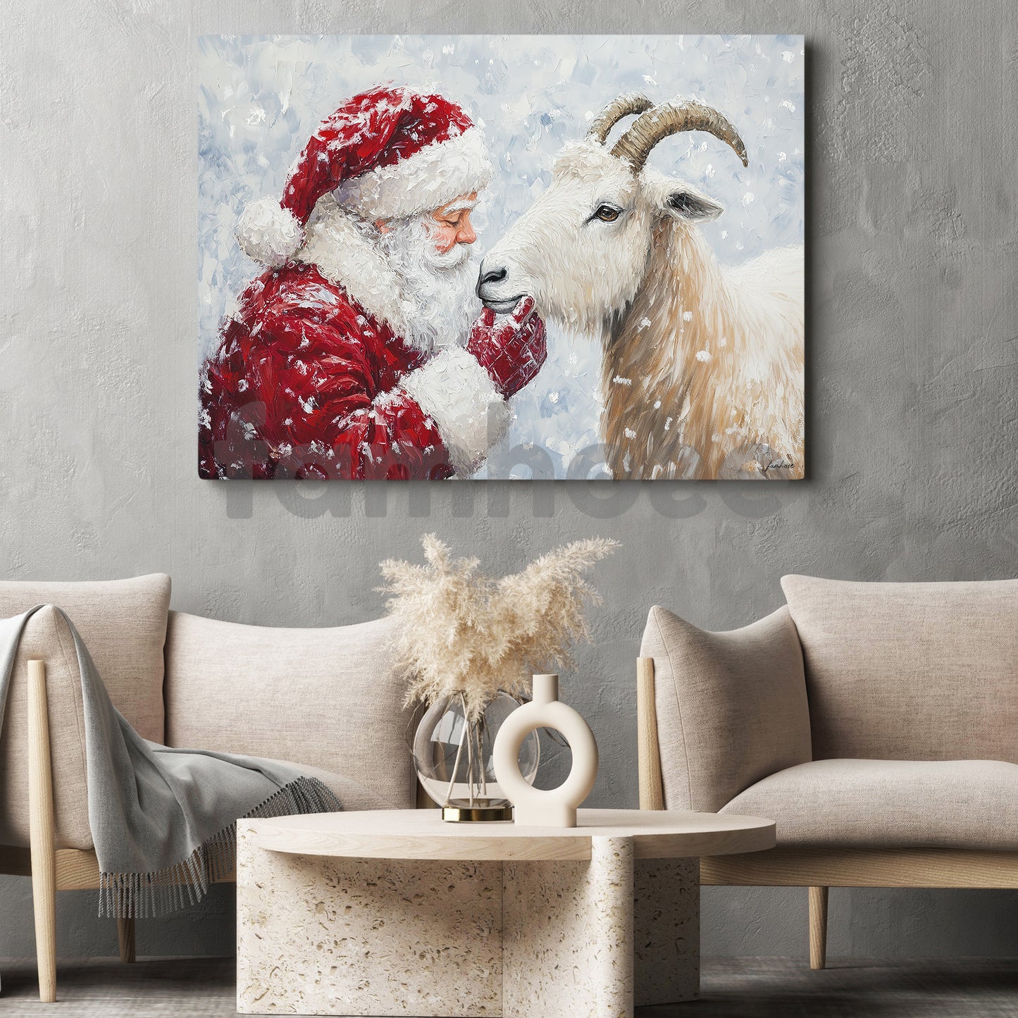 Christmas Goat Canvas Painting, Rustic Santa And Goat Wall Art Decor, Xmas Poster Gift For Goat Lovers