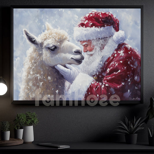 Christmas Llama Canvas Painting, Rustic Santa And Llama Wall Art Decor, Xmas Poster Gift For Llama Lovers