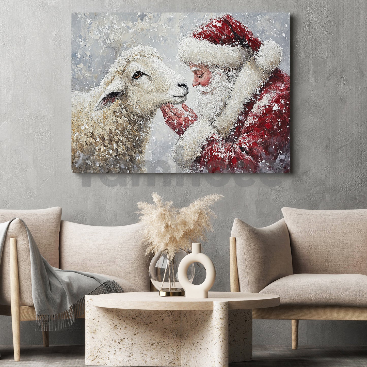Christmas Sheep Canvas Painting, Rustic Santa And Sheep Wall Art Decor, Xmas Poster Gift For Sheep Lovers