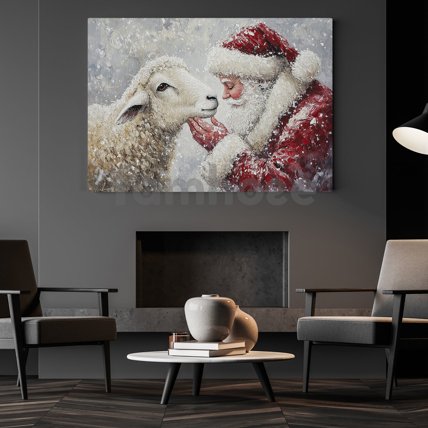 Christmas Sheep Canvas Painting, Rustic Santa And Sheep Wall Art Decor, Xmas Poster Gift For Sheep Lovers