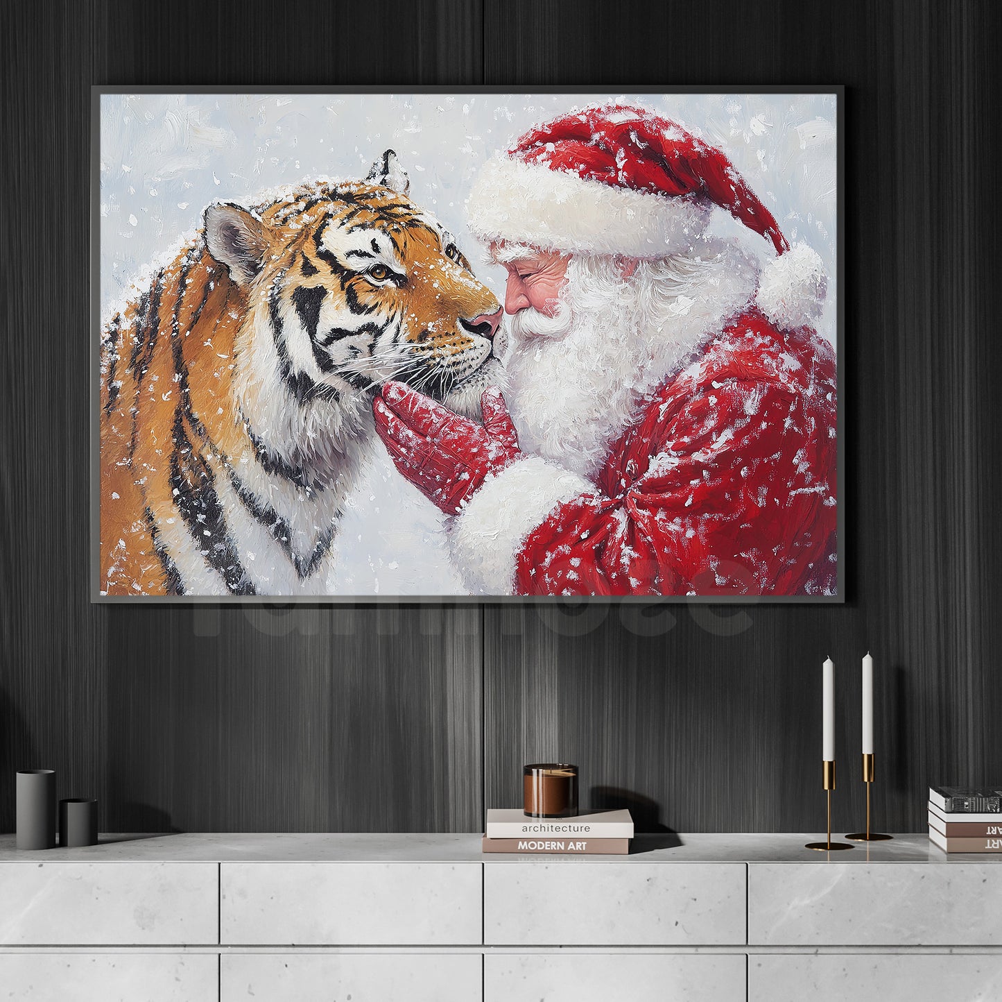 Christmas Tiger Canvas Painting, Rustic Santa And Tiger Wall Art Decor, Xmas Poster Gift For Tiger Lovers