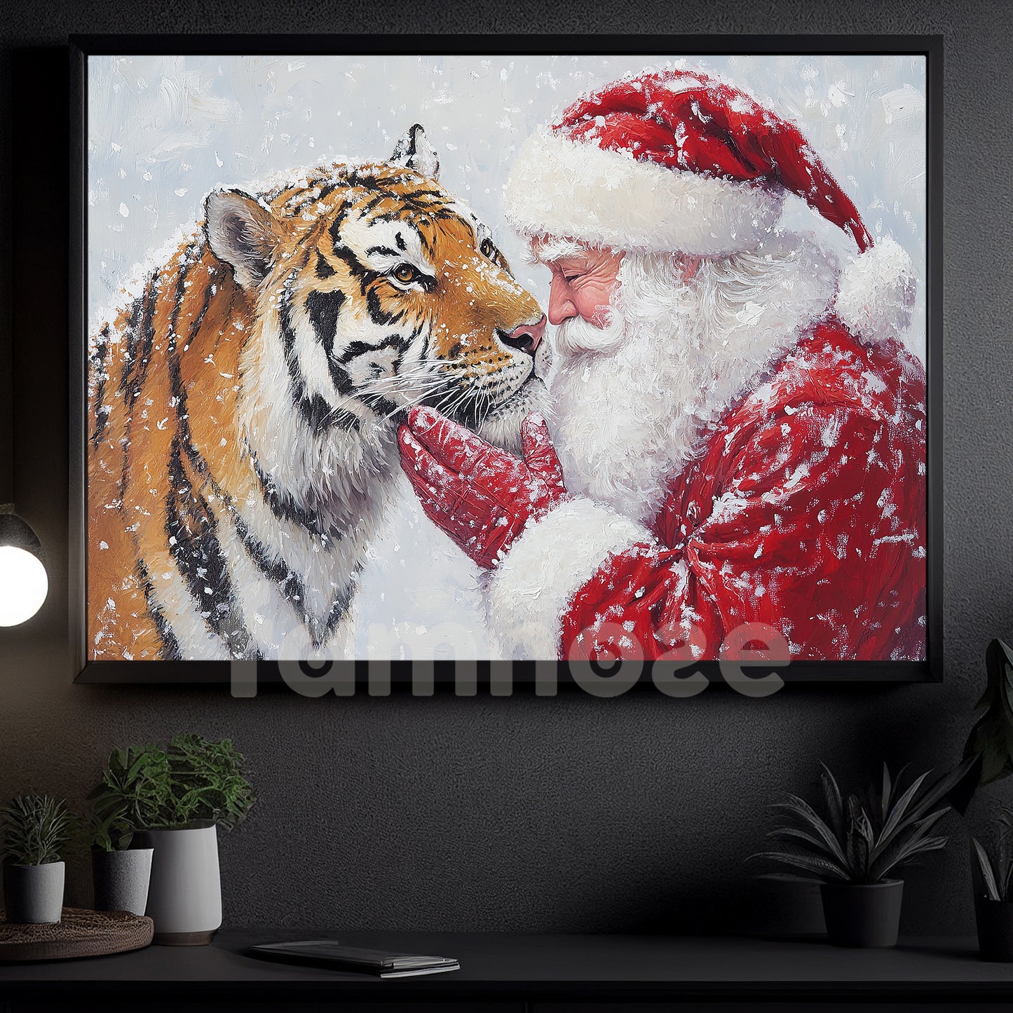Christmas Tiger Canvas Painting, Rustic Santa And Tiger Wall Art Decor, Xmas Poster Gift For Tiger Lovers