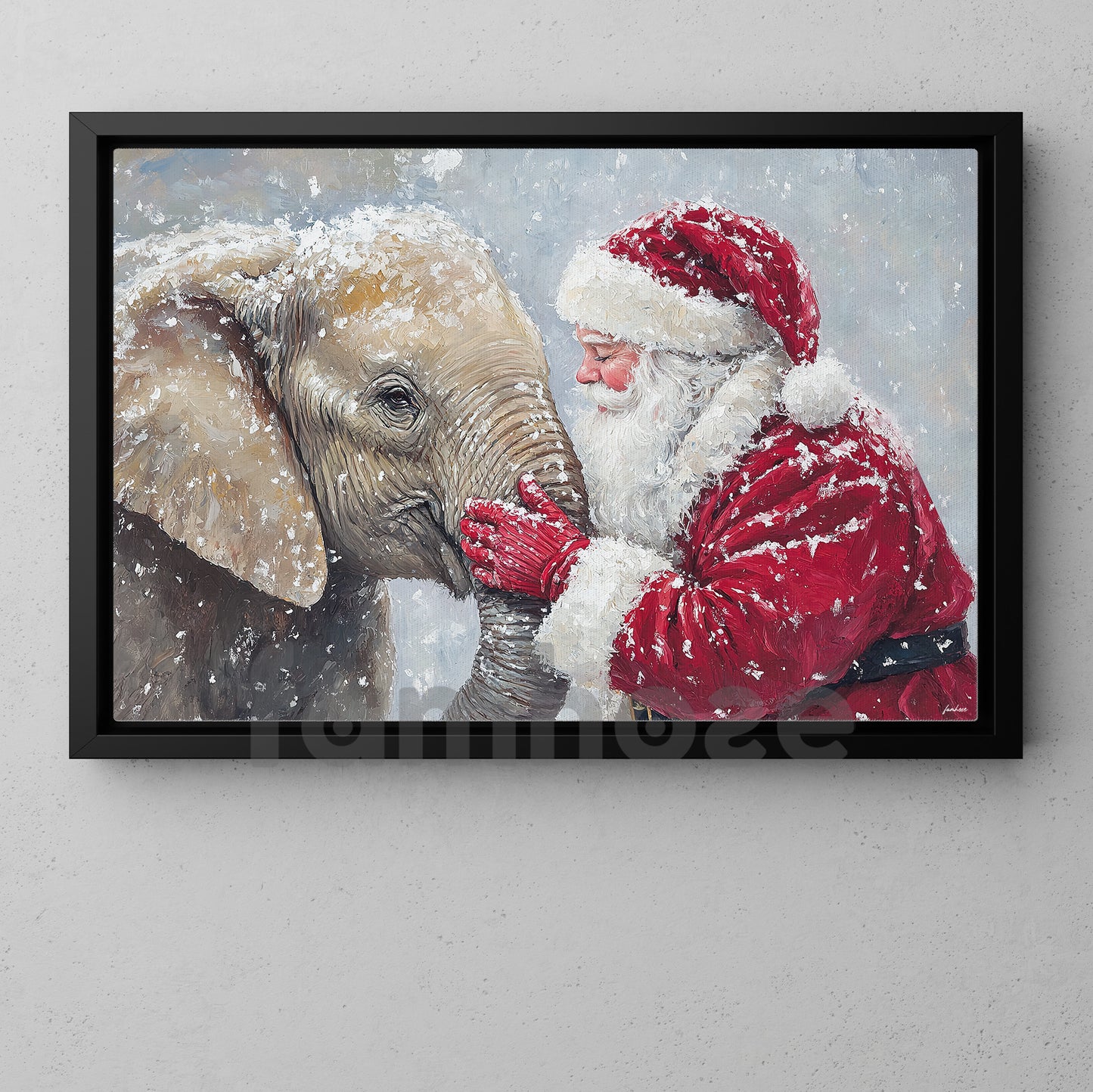 Christmas Elephant Canvas Painting, Rustic Santa And Elephant Wall Art Decor, Xmas Poster Gift For Elephant Lovers