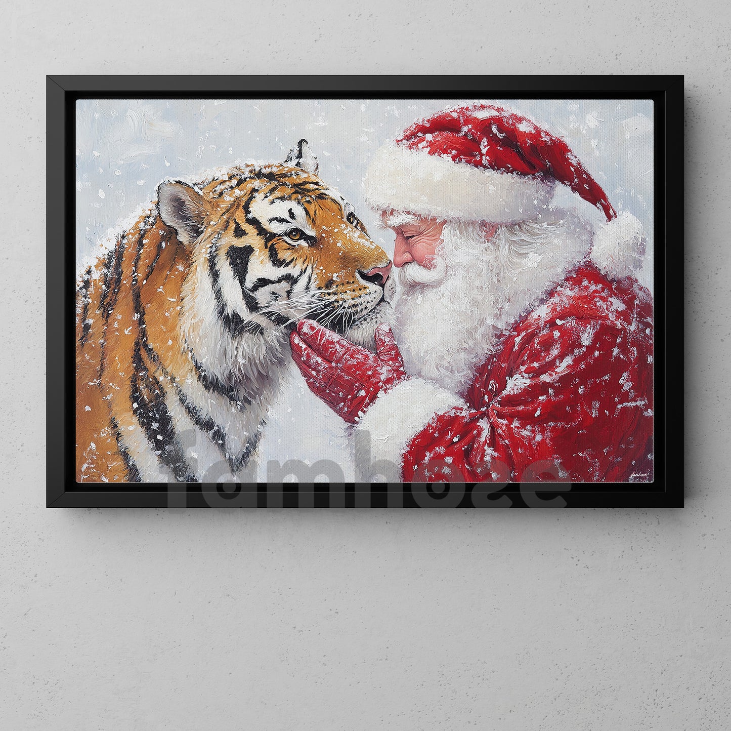Christmas Tiger Canvas Painting, Rustic Santa And Tiger Wall Art Decor, Xmas Poster Gift For Tiger Lovers