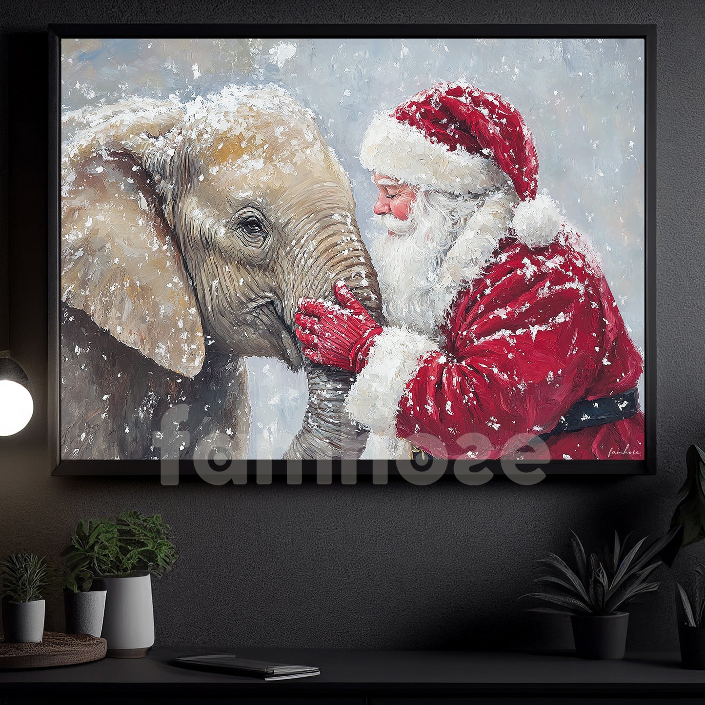 Christmas Elephant Canvas Painting, Rustic Santa And Elephant Wall Art Decor, Xmas Poster Gift For Elephant Lovers