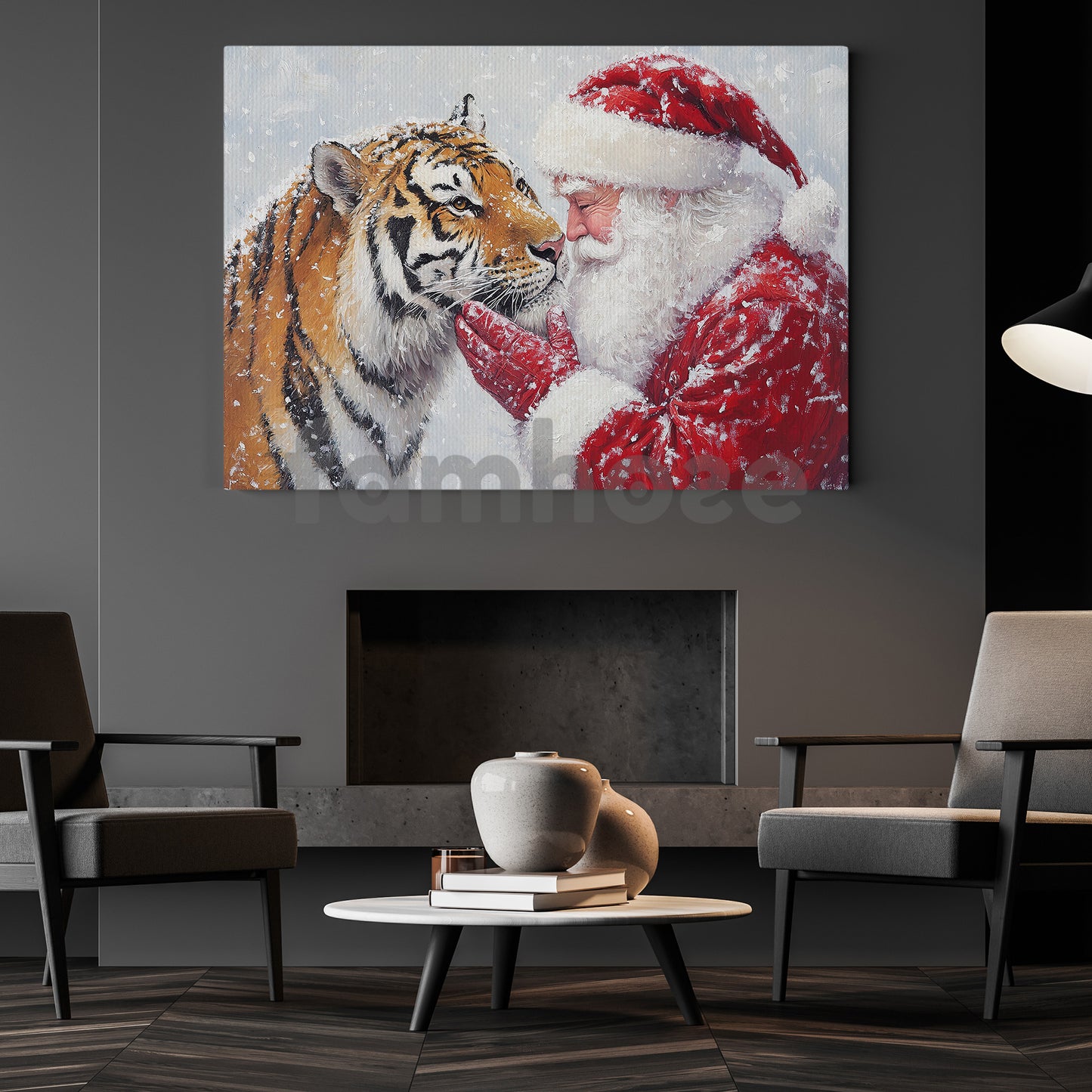 Christmas Tiger Canvas Painting, Rustic Santa And Tiger Wall Art Decor, Xmas Poster Gift For Tiger Lovers
