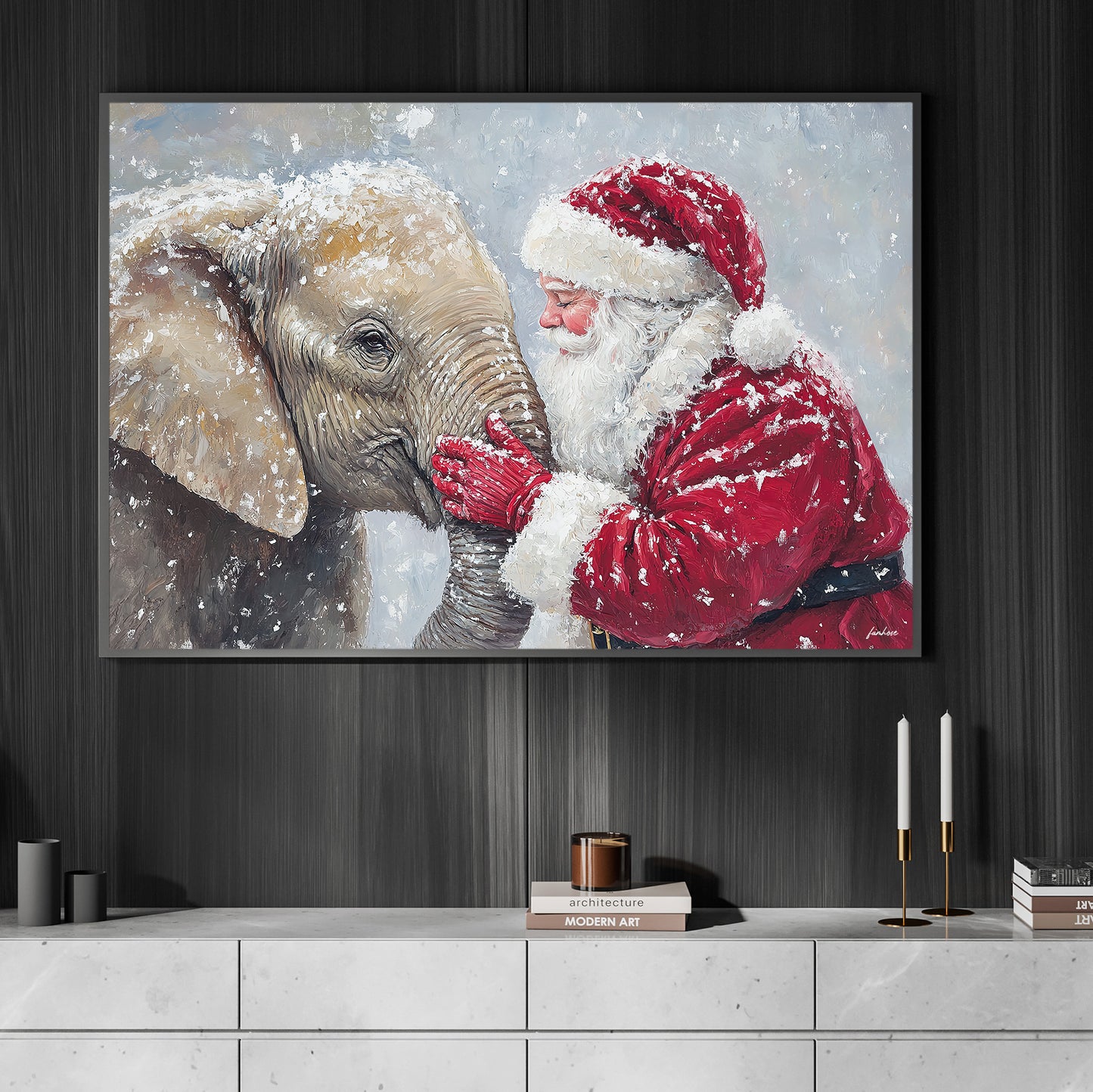 Christmas Elephant Canvas Painting, Rustic Santa And Elephant Wall Art Decor, Xmas Poster Gift For Elephant Lovers