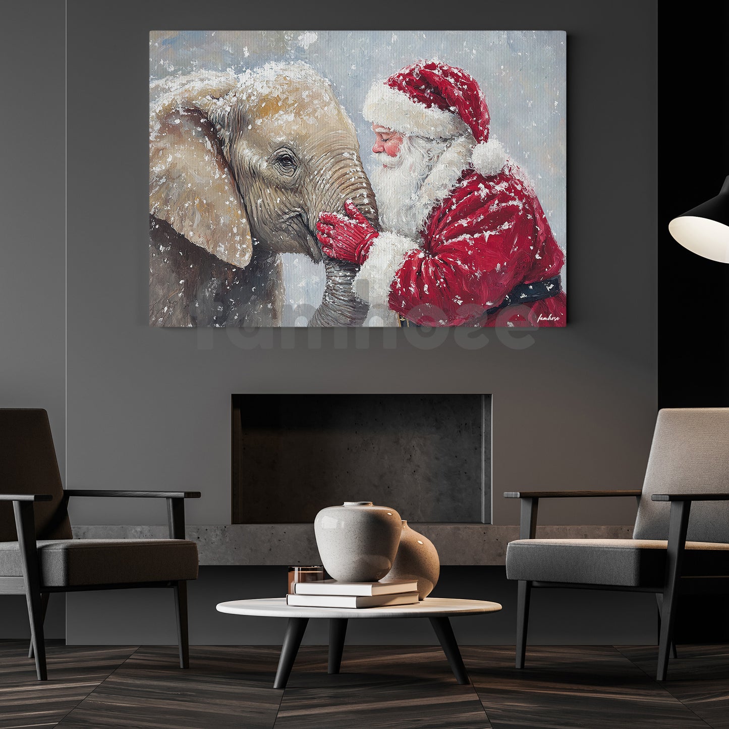 Christmas Elephant Canvas Painting, Rustic Santa And Elephant Wall Art Decor, Xmas Poster Gift For Elephant Lovers