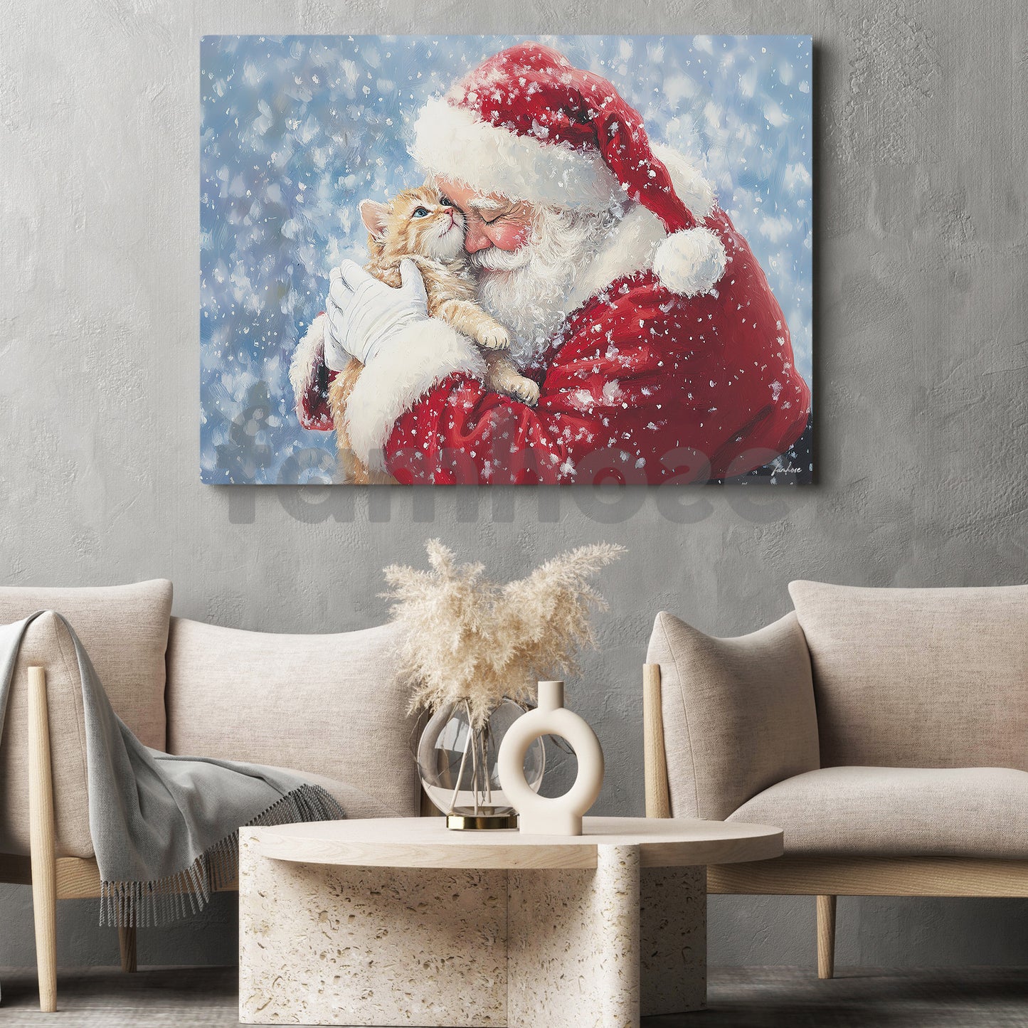 Christmas Cat Canvas Painting, Rustic Santa And Cat Wall Art Decor, Xmas Poster Gift For Cat Lovers