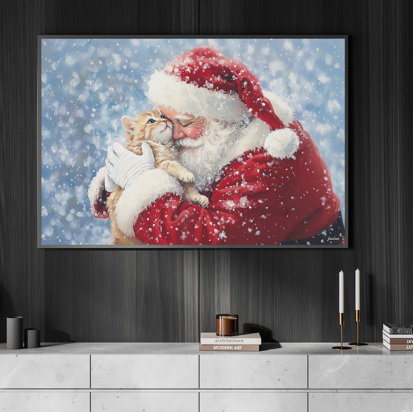 Christmas Cat Canvas Painting, Rustic Santa And Cat Wall Art Decor, Xmas Poster Gift For Cat Lovers