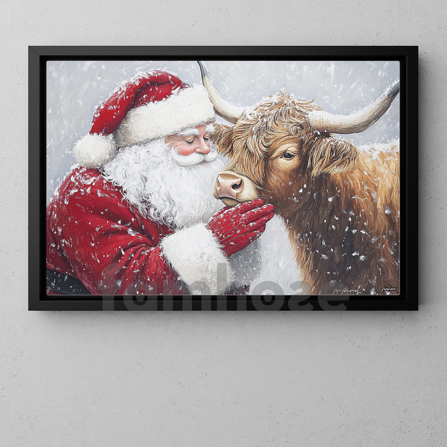 Christmas Highland Cow Canvas Painting, Rustic Santa And Highland Cow Wall Art Decor, Xmas Poster Gift For Highland Cow Lovers