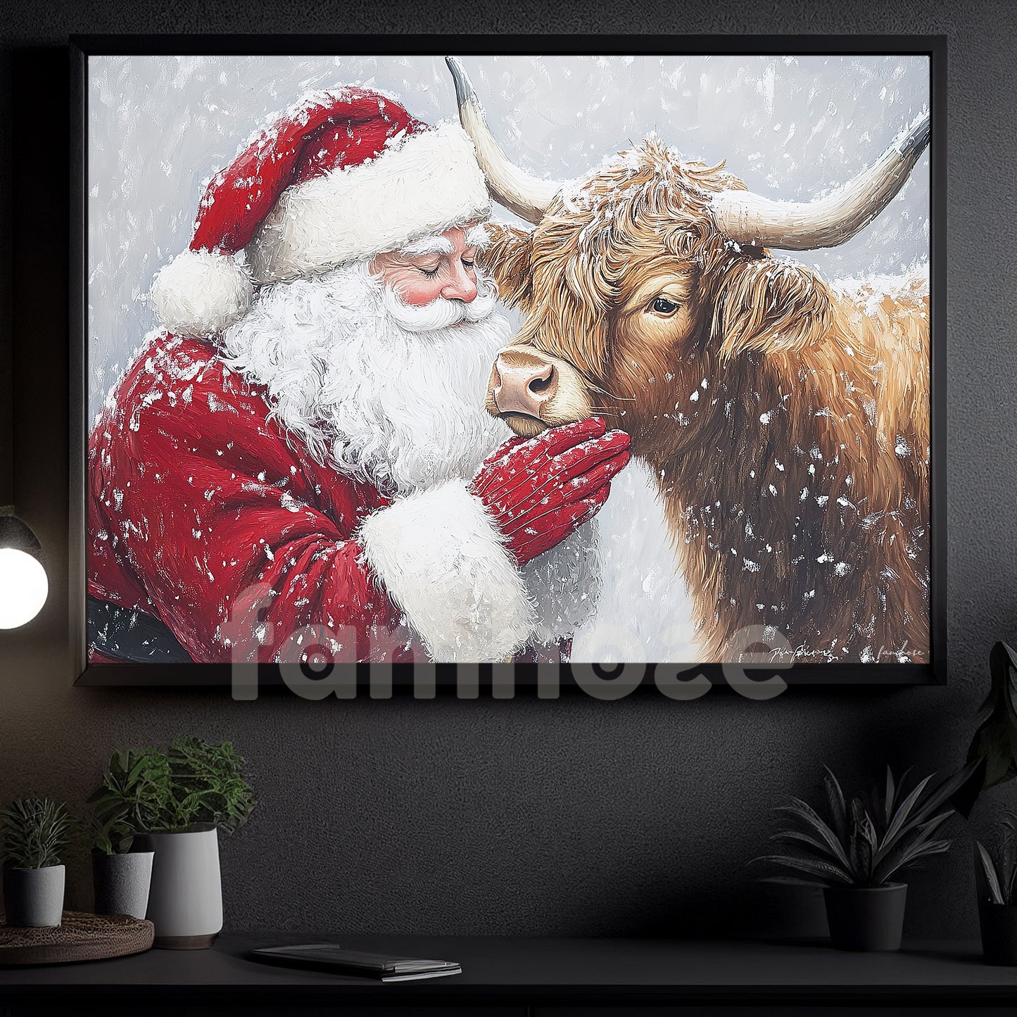 Christmas Highland Cow Canvas Painting, Rustic Santa And Highland Cow Wall Art Decor, Xmas Poster Gift For Highland Cow Lovers