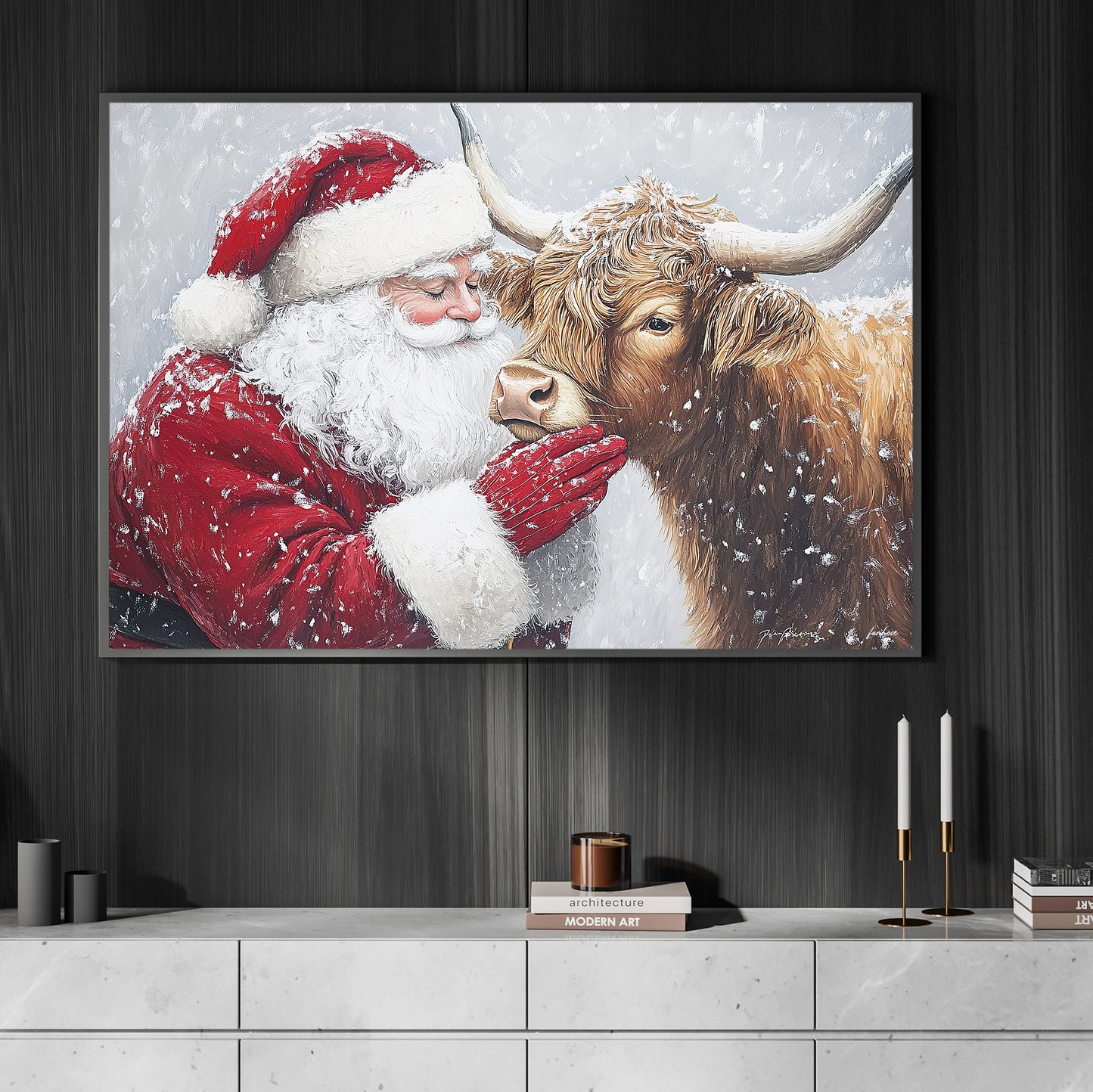 Christmas Highland Cow Canvas Painting, Rustic Santa And Highland Cow Wall Art Decor, Xmas Poster Gift For Highland Cow Lovers