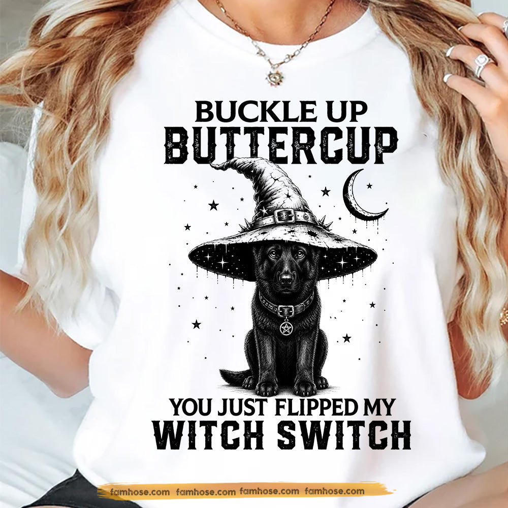 Halloween Black German Shepherd Dog Witch T-Shirt, Buckle Up Buttercup Tees Spooky Season Gift For Dog Lover