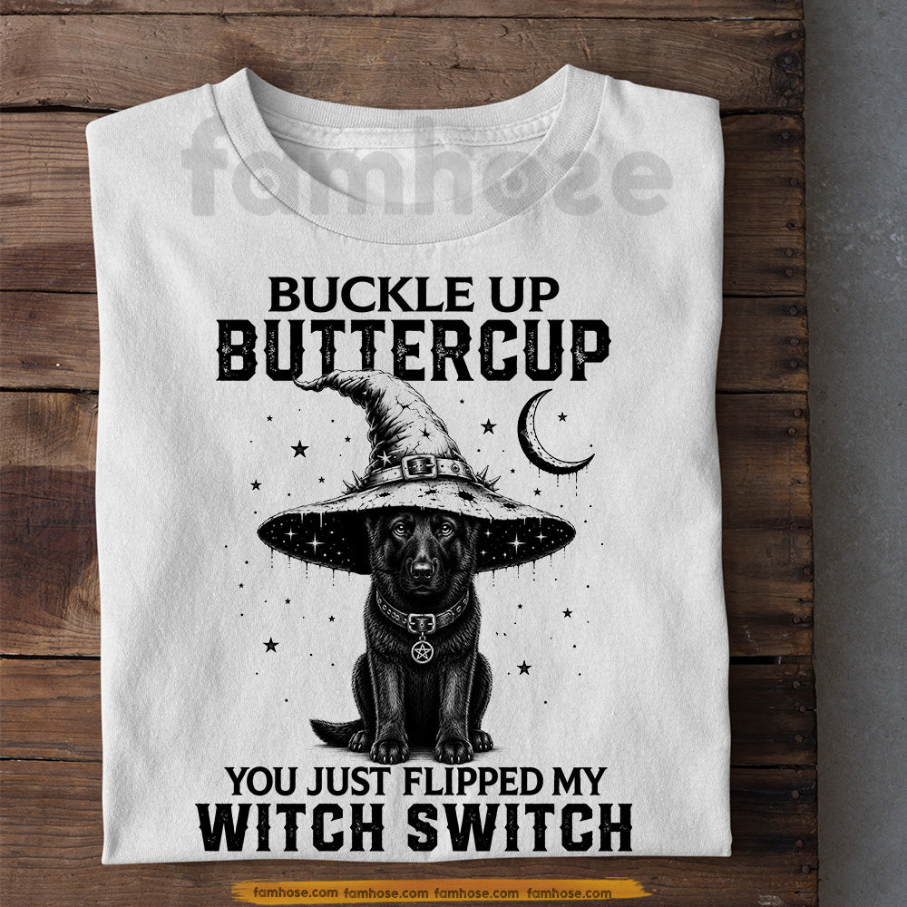 Halloween Black German Shepherd Dog Witch T-Shirt, Buckle Up Buttercup Tees Spooky Season Gift For Dog Lover