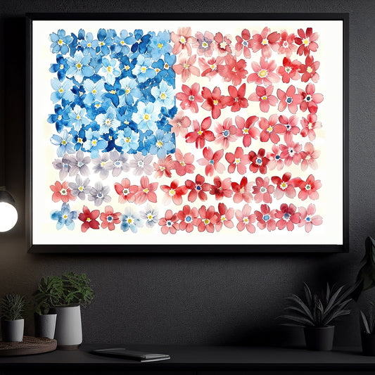 Floral American Flag, Blossoming Patriotism Canvas Painting, Wall Art Decor, Poster Gift For America Lovers