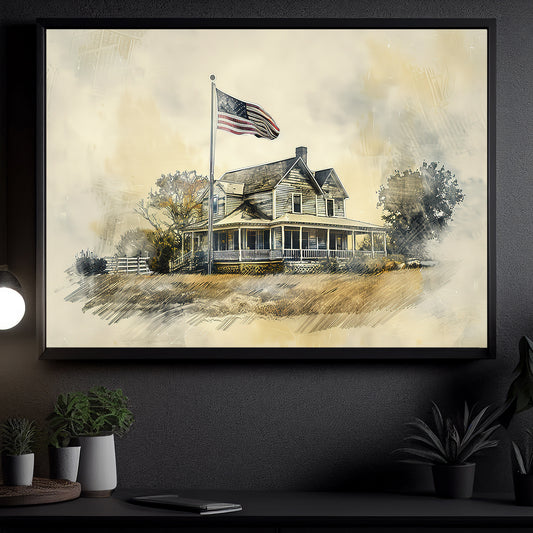 An American Flag Farmhouse, Rustic Reverie Canvas Painting, Wall Art Decor, Poster Gift For America Lovers