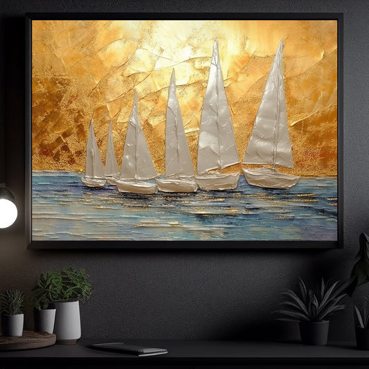 Gold Ship Abstract Sailing, Victorian Canvas Painting, Gothic Wall Art Decor - Ocean Poster Gift