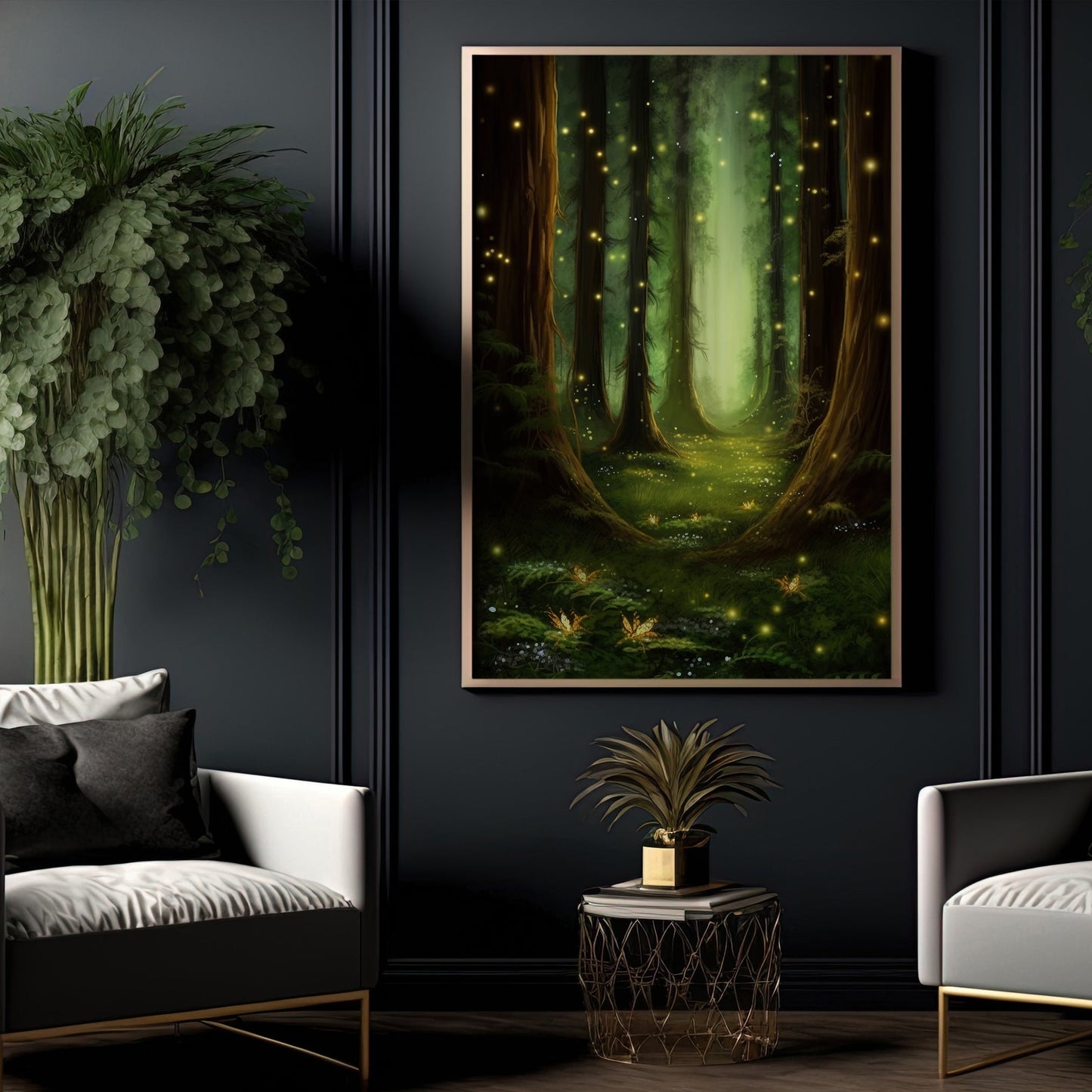 Magical Forest Path With Fireflies Painting, Forest Canvas Painting, Wall Art Decor - Fantasy Forest Poster Gift