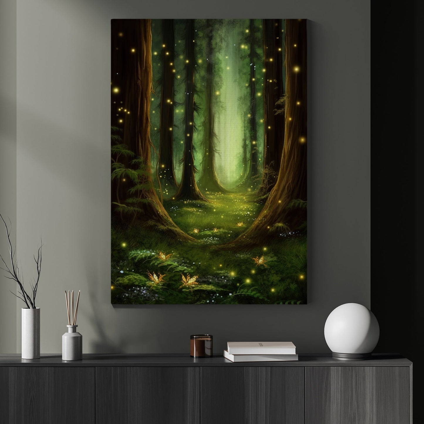 Magical Forest Path With Fireflies Painting, Forest Canvas Painting, Wall Art Decor - Fantasy Forest Poster Gift