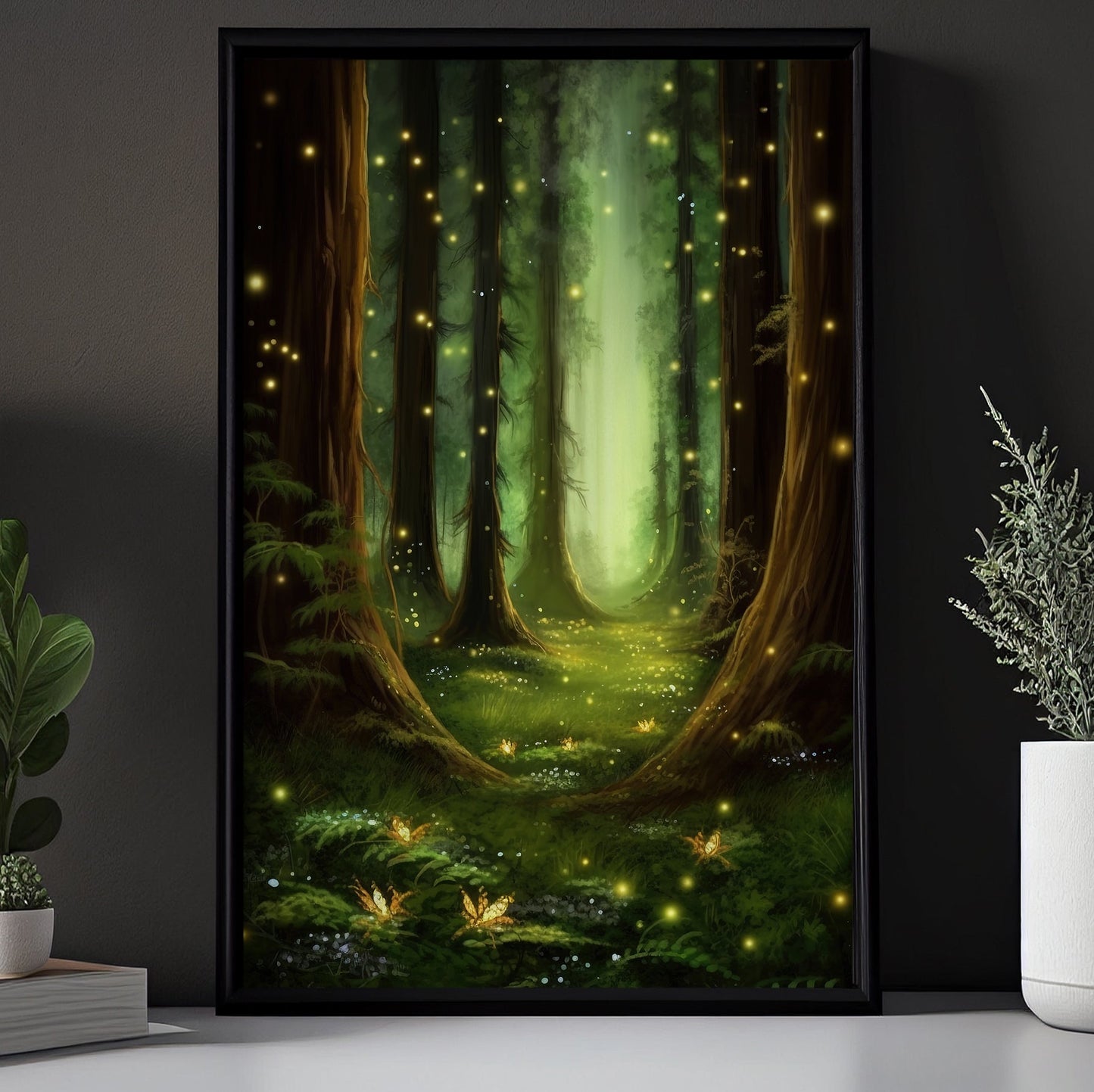 Magical Forest Path With Fireflies Painting, Forest Canvas Painting, Wall Art Decor - Fantasy Forest Poster Gift