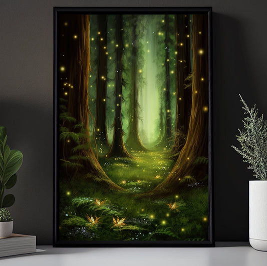 Magical Forest Path With Fireflies Painting, Forest Canvas Painting, Wall Art Decor - Fantasy Forest Poster Gift