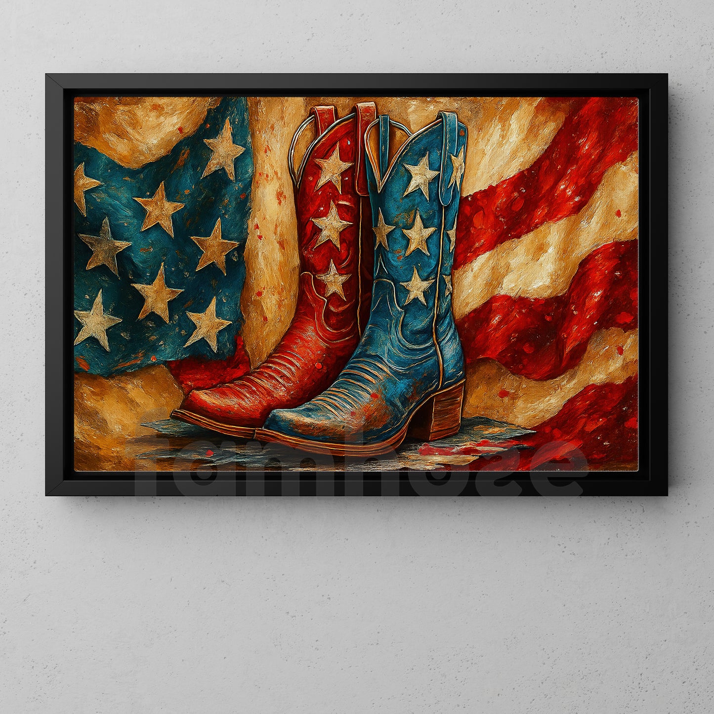 July 4th Cowboy Canvas Painting, Stars And Stripes Boots Wall Art Decor, Independence Day Poster Gift For Cowboy Lovers