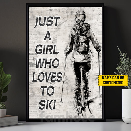 Personalized Skiing Girl Canvas Painting, Just A Girl Who Loves To Ski, Sports Quotes Wall Art Decor, Poster Gift For Skiing Lovers
