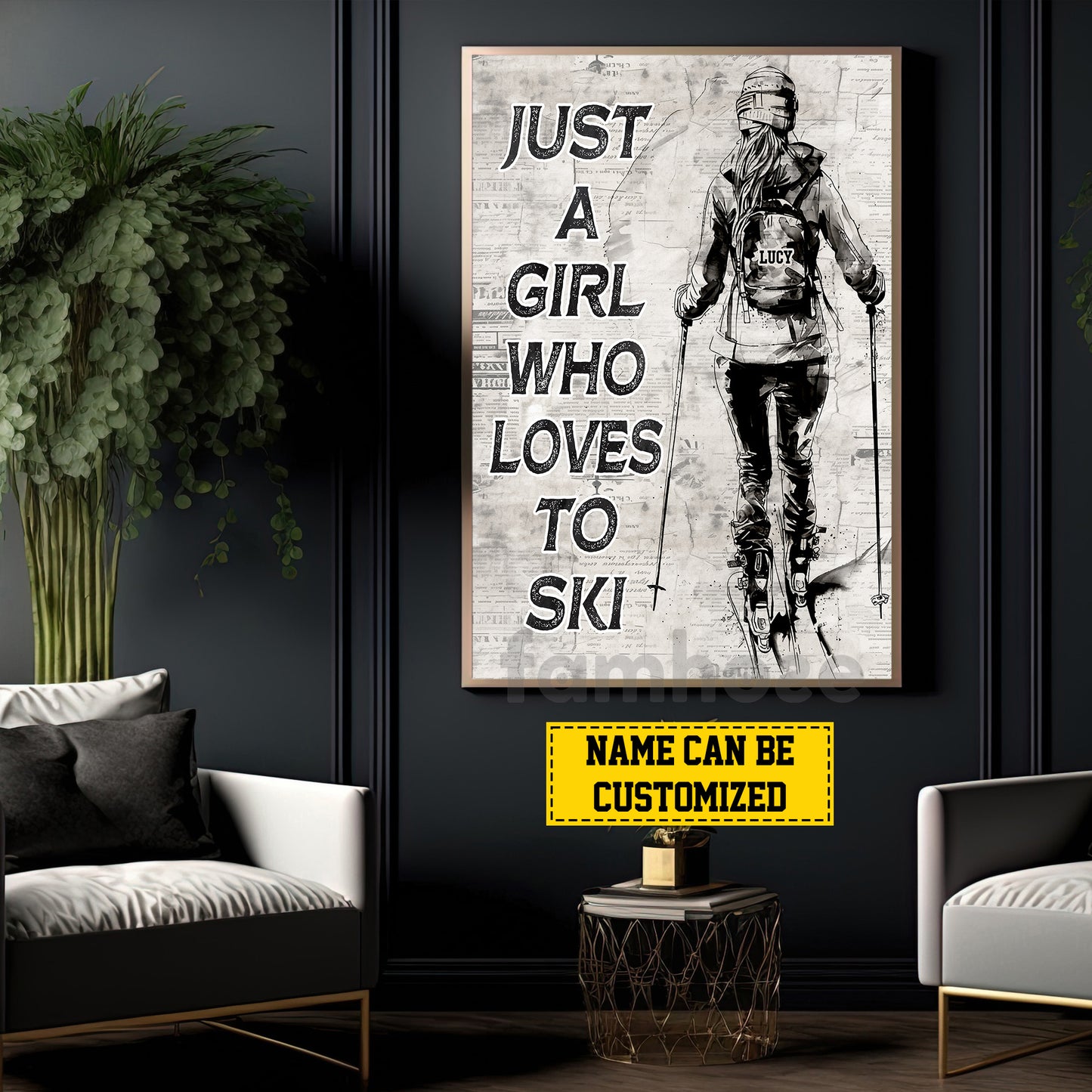 Personalized Skiing Girl Canvas Painting, Just A Girl Who Loves To Ski, Sports Quotes Wall Art Decor, Poster Gift For Skiing Lovers