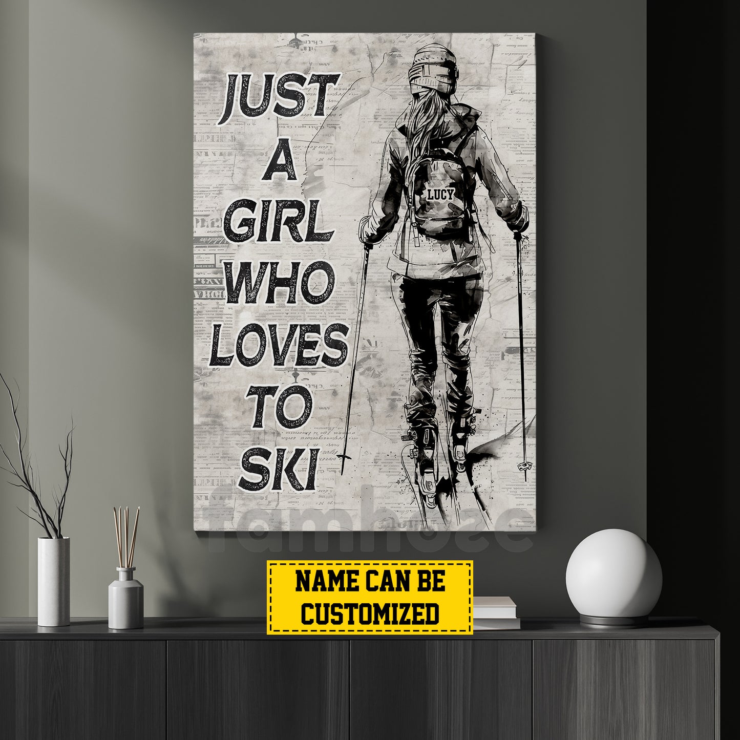 Personalized Skiing Girl Canvas Painting, Just A Girl Who Loves To Ski, Sports Quotes Wall Art Decor, Poster Gift For Skiing Lovers
