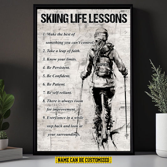 Skiing Girl Life Lessons, Personalized Motivational Skiing Canvas Painting, Inspirational Quotes Wall Art Decor, Poster Gift For Skiing Girl Lovers