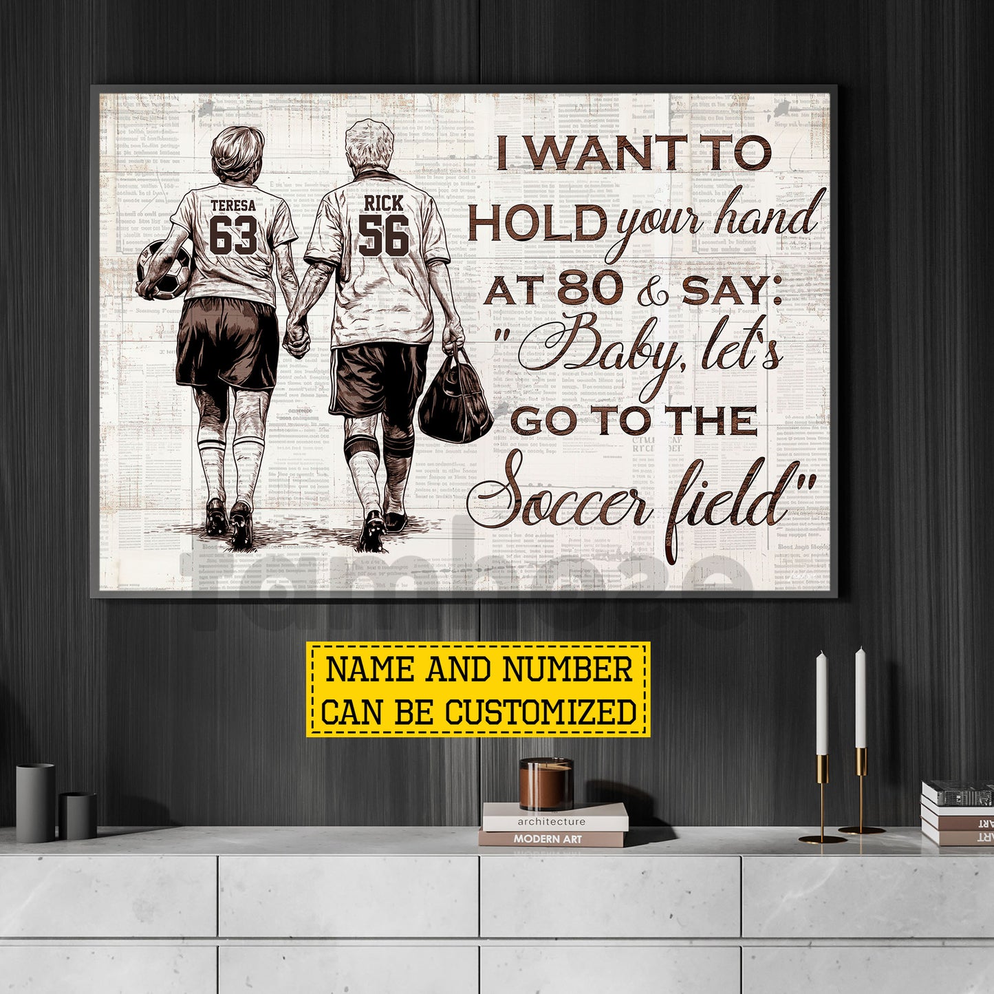 Personalized Motivational Couple Soccer Canvas Painting, I Want To Hold Your Hand At 80, Romantic Quotes Wall Art Decor, Poster Gift For Soccer Lovers