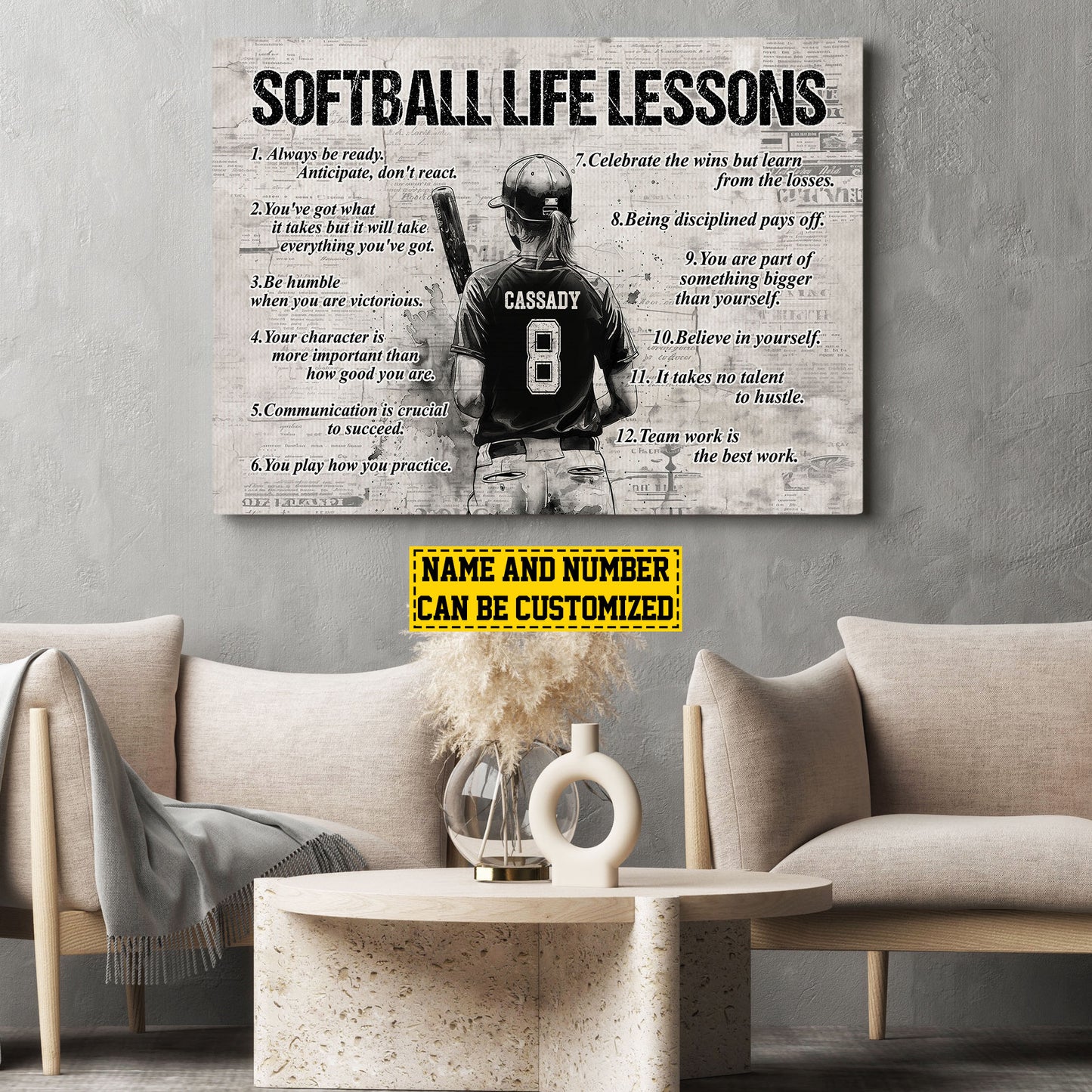 Personalized Motivational Softball Canvas Painting, Softball Girl Player, Inspirational Quotes Wall Art Decor, Poster Gift For Softball Lovers