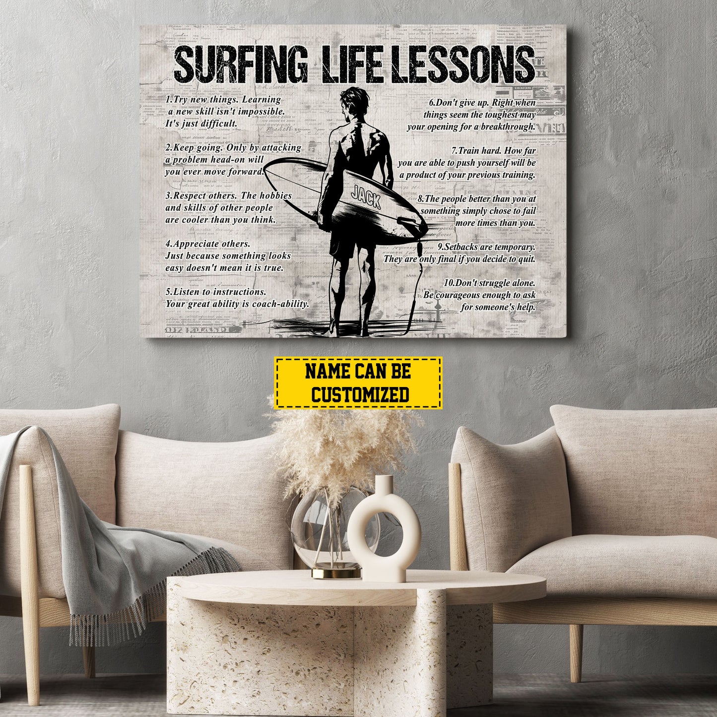 Surfing Life Lessons, Personalized Motivational Surfing Boy Canvas Painting, Sports Quotes Wall Art Decor, Poster Gift For Surfing Lovers, Surfing Boys