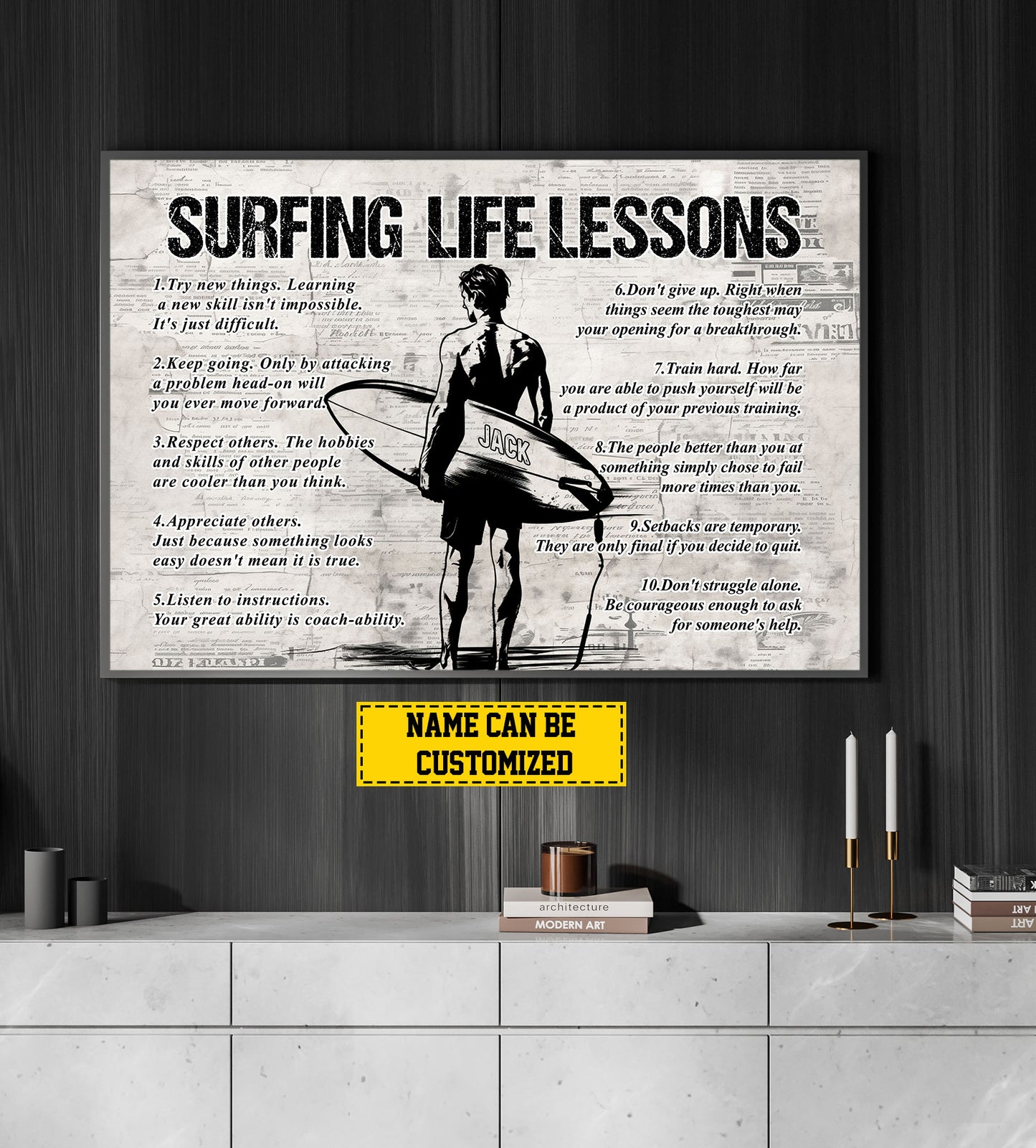 Surfing Life Lessons, Personalized Motivational Surfing Boy Canvas Painting, Sports Quotes Wall Art Decor, Poster Gift For Surfing Lovers, Surfing Boys