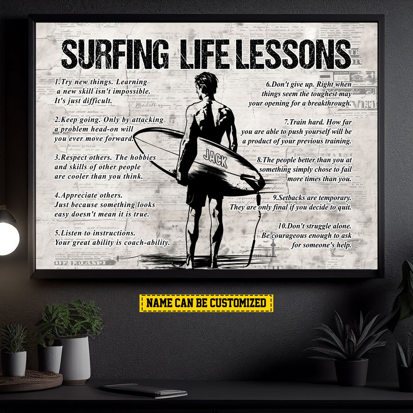 Surfing Life Lessons, Personalized Motivational Surfing Boy Canvas Painting, Sports Quotes Wall Art Decor, Poster Gift For Surfing Lovers, Surfing Boys