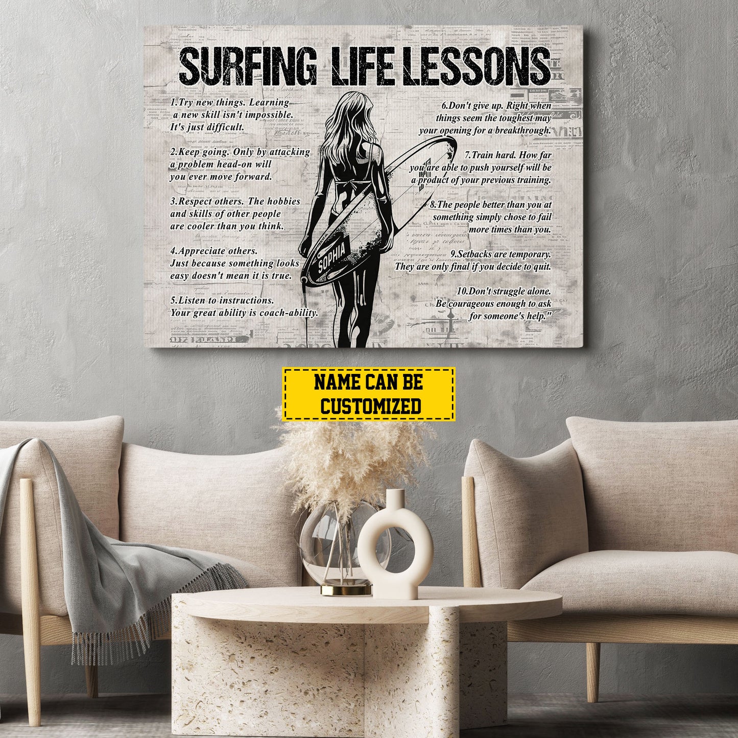 Surfing Life Lessons, Personalized Motivational Surfing Girl Canvas Painting, Sports Quotes Wall Art Decor, Poster Gift For Surfing Lovers, Surfing Girls