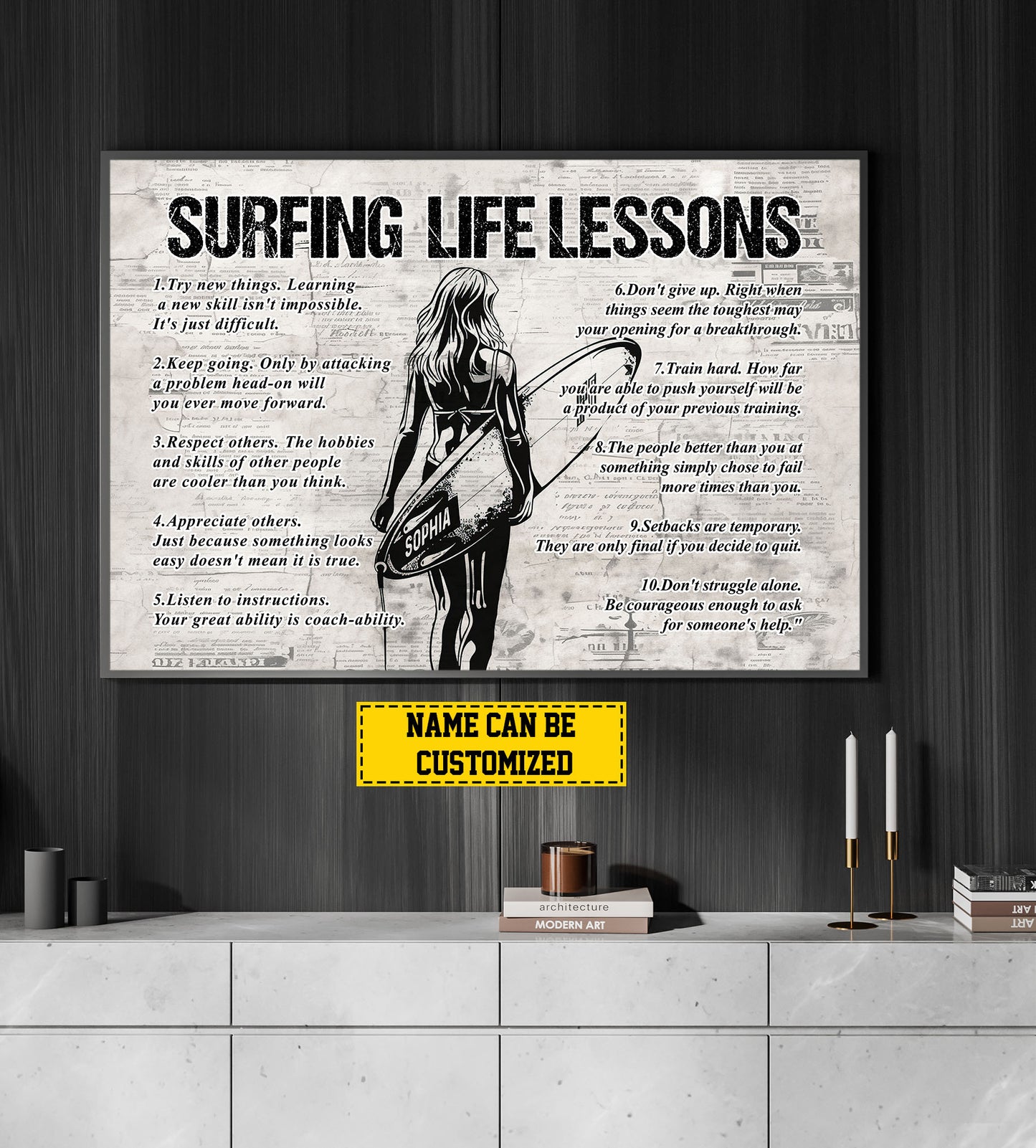 Surfing Life Lessons, Personalized Motivational Surfing Girl Canvas Painting, Sports Quotes Wall Art Decor, Poster Gift For Surfing Lovers, Surfing Girls