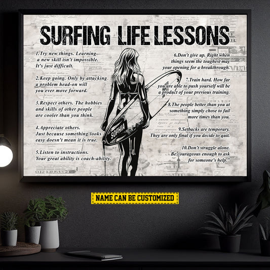 Surfing Life Lessons, Personalized Motivational Surfing Girl Canvas Painting, Sports Quotes Wall Art Decor, Poster Gift For Surfing Lovers, Surfing Girls