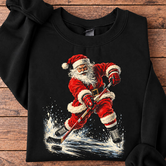 Funny Christmas Santa Hockey Sweatshirt, Sports Crewneck Sweatshirt Xmas Gift For Hockey Lovers