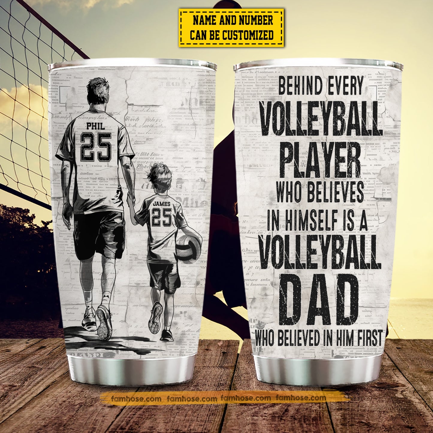 Personalized Volleyball Dad Son Tumbler, Behind Every Volleyball Player Sports Stainless Steel Tumbler, Travel Mug Tumblers Father's Day Gift For Volleyball Lovers