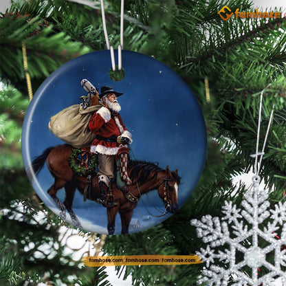 Christmas Horse Ornament, Santa Claus Ride Horse Gift For Horse Lovers, Circle Ceramic Ornament