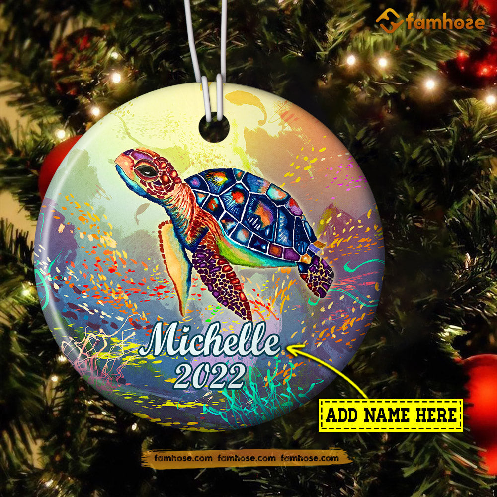 Christmas Turtle Ornament, Sea Turtle With Many Colors Gift For Turtle Lovers, Personalized Custom Circle Ceramic Ornament