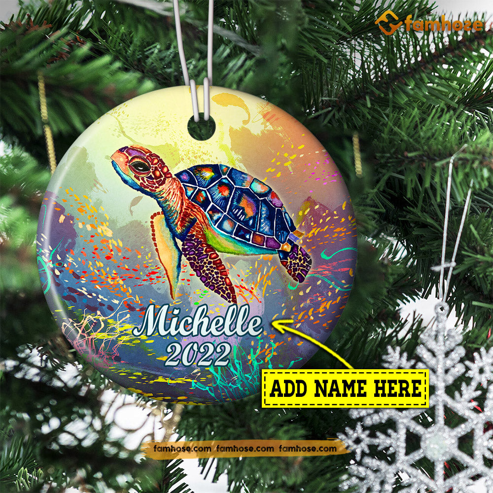 Christmas Turtle Ornament, Sea Turtle With Many Colors Gift For Turtle Lovers, Personalized Custom Circle Ceramic Ornament