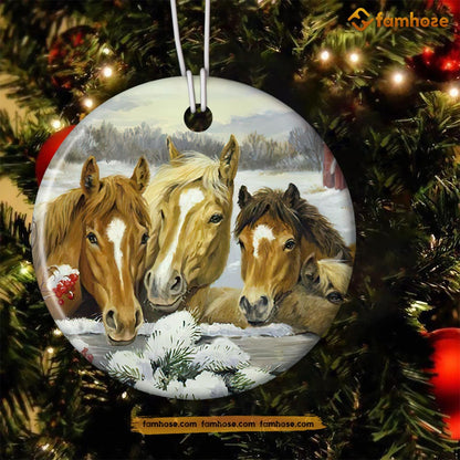 Funny Christmas Horse Ornament, Horses Look At You Gift For Horse Lovers, Circle Ceramic Ornament
