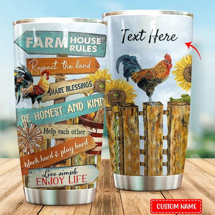Farm Tumbler, Farm House Rules Respect The Land Share Blessings Work Hard Play Hard Enjoy Life Chicken Personalized Stainless Steel Tumbler, Farm Tumbler Lovers, Tumbler Gifts For Farm Lovers