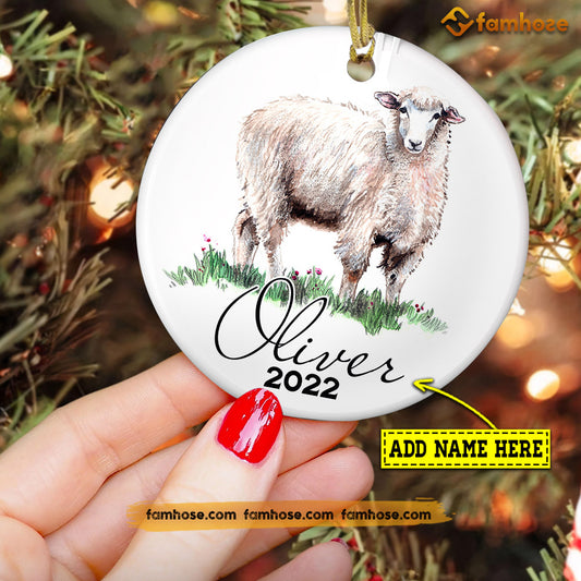 Christmas Sheep Ornament, Cute Sheep Alone Gift For Sheep Lovers, Personalized Custom Circle Ceramic Ornament